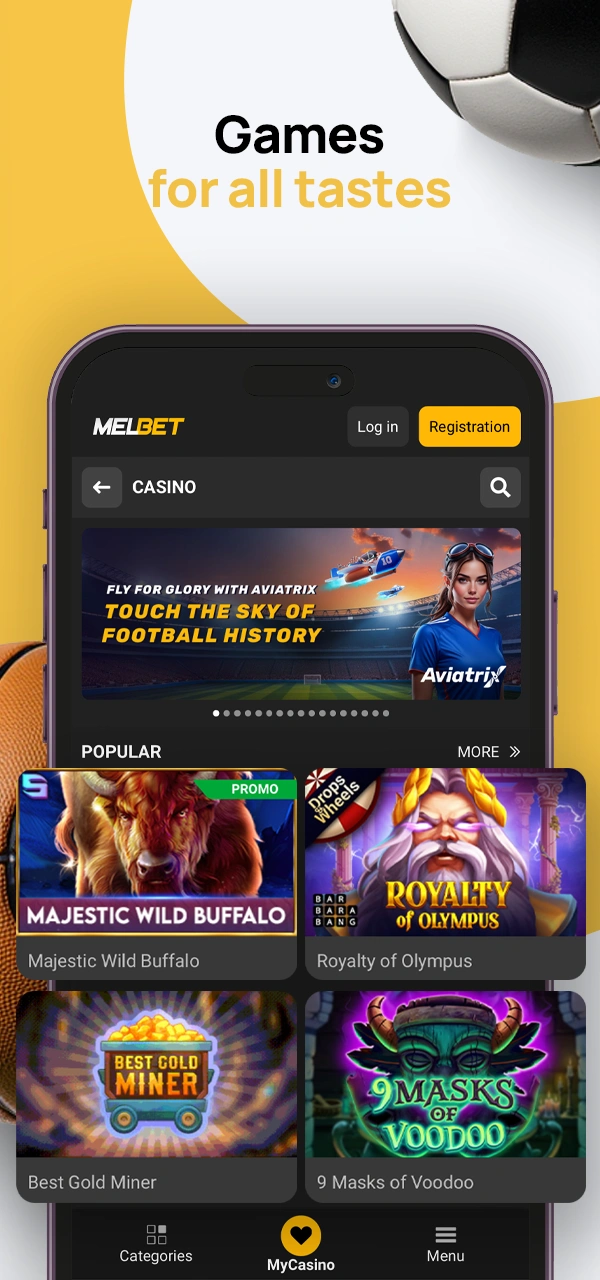 A screenshot of the gambling section in the Melbet casino app with online slots.