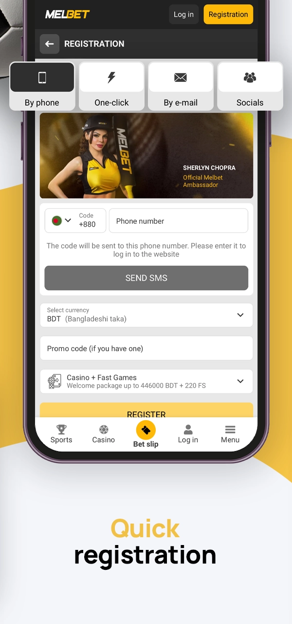 A screenshot of the Registration section in the Melbet APK application, where you can create a personal account in a couple of clicks and start playing.