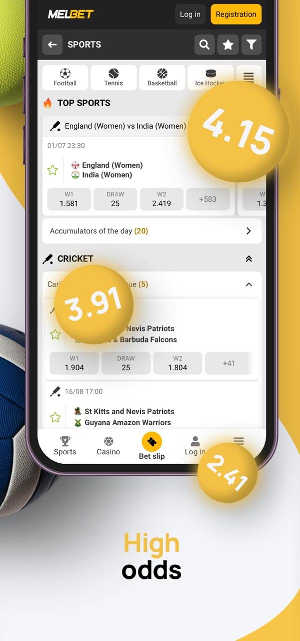 A screenshot of the sports section in the Melbet betting app featuring football, cricket, and more.