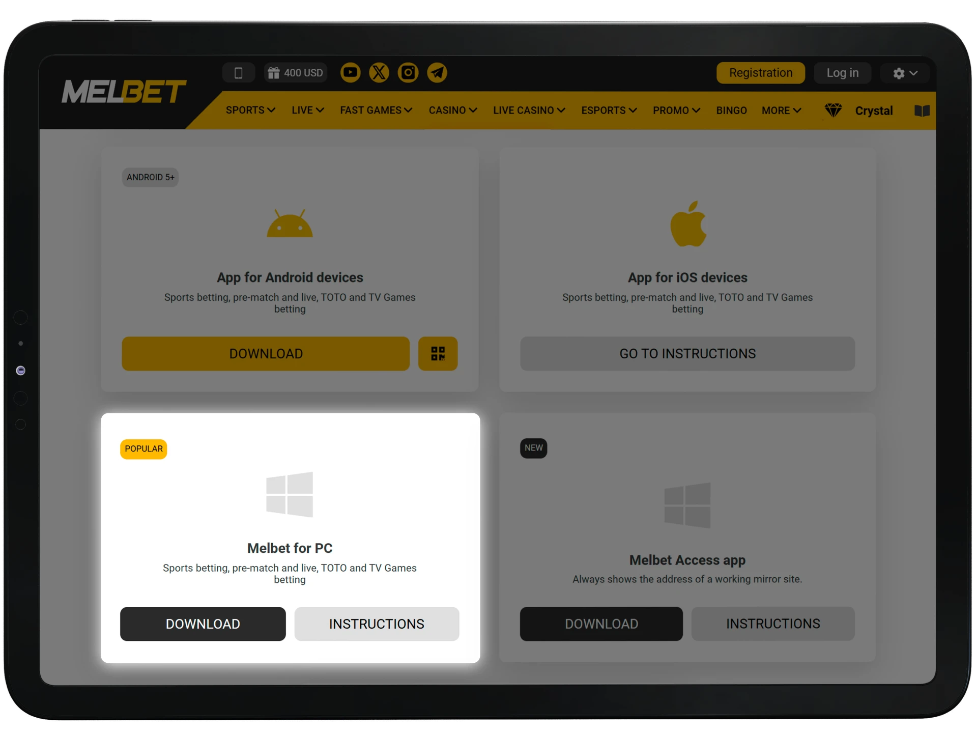 Click the Download for Windows button on the official Melbet website to get the PC app.