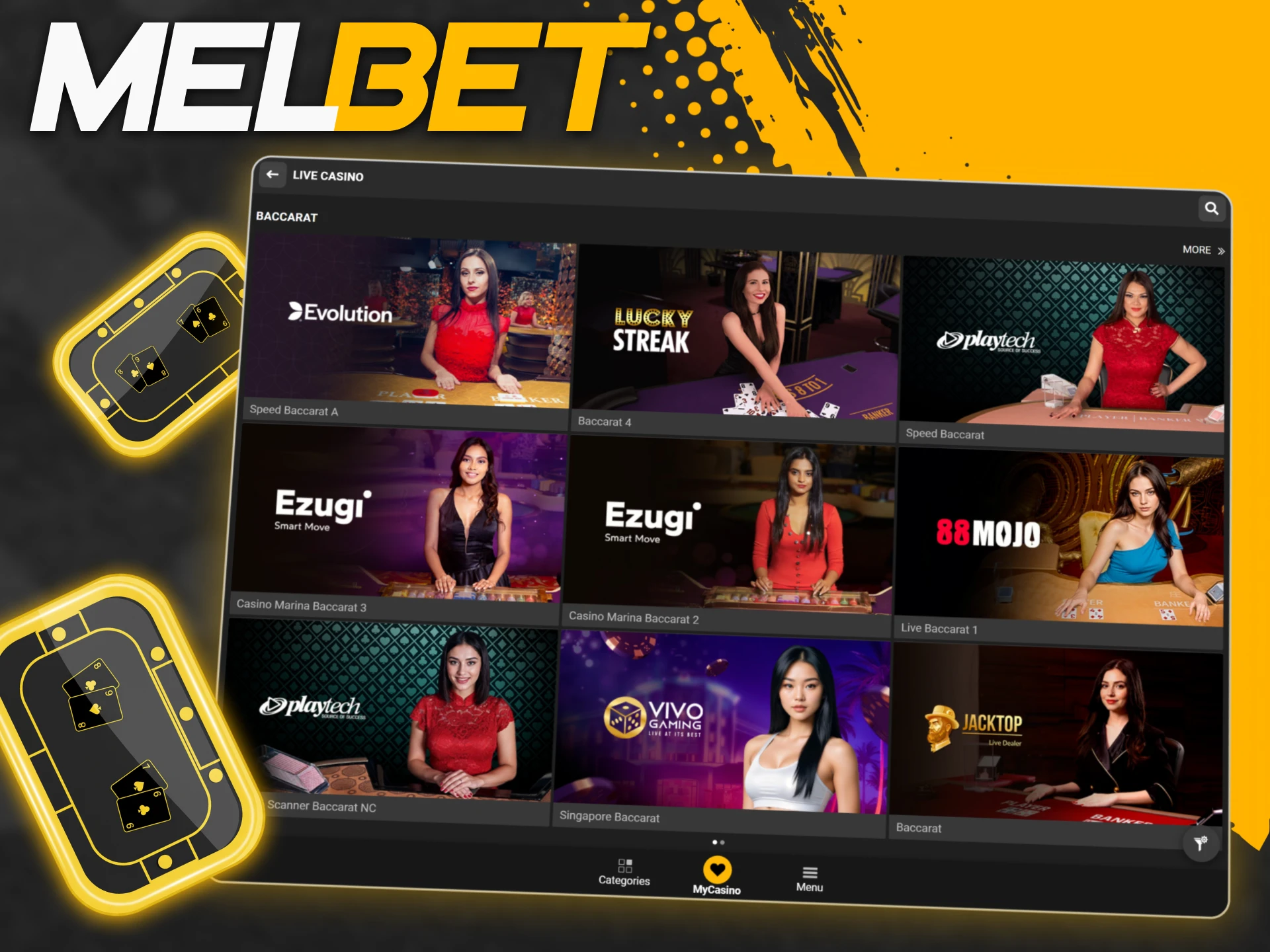 Melbet baccarat offers classic and modern versions like Speed and Peek Baccarat.