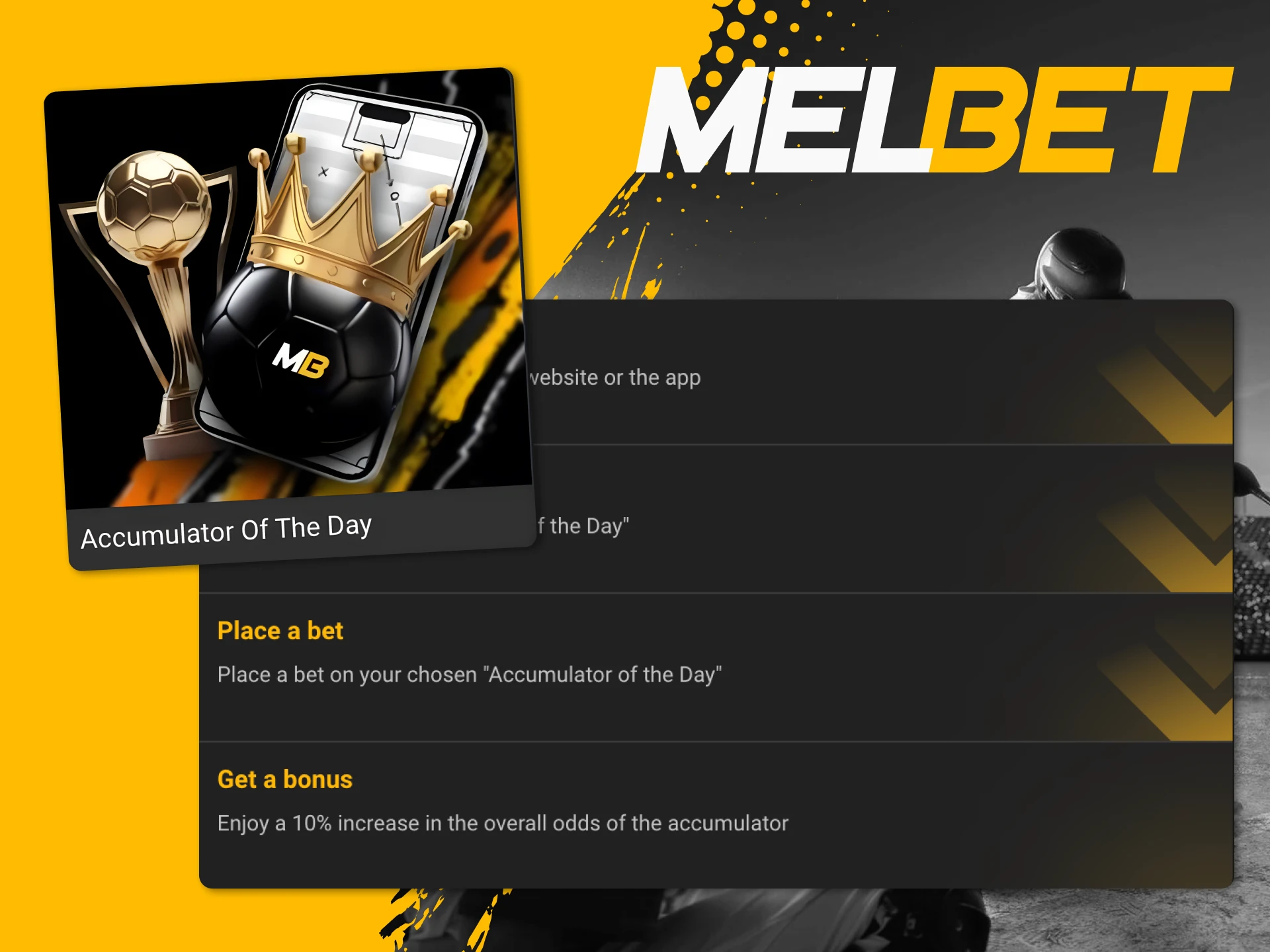 Choose a bonus, learn its rules, and activate it at Melbet online casino.